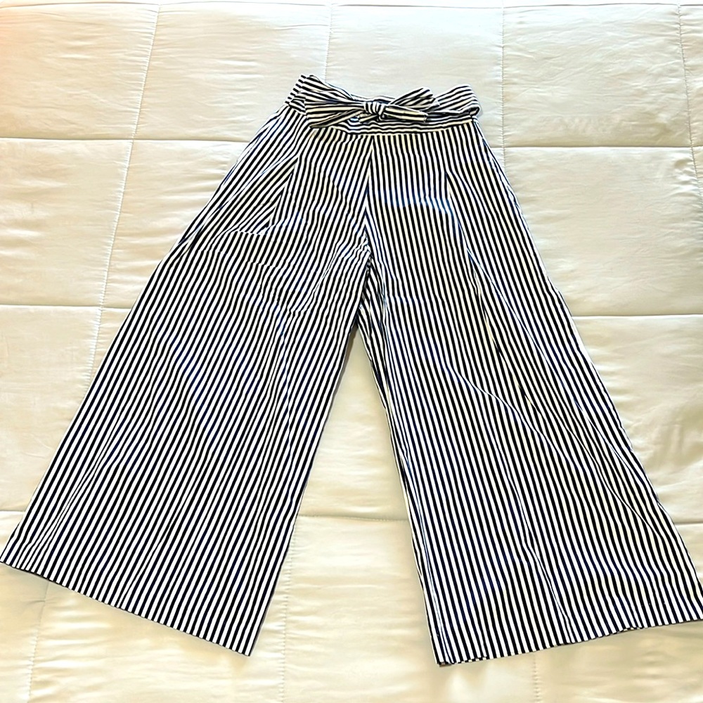 Versatile Zara Basics culottes in navy and white vertical stripes.